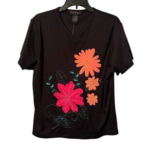 Once & Again Womens Black V-Neck Floral Embroidered T-Shirt Sz L Cotton/Polyeste